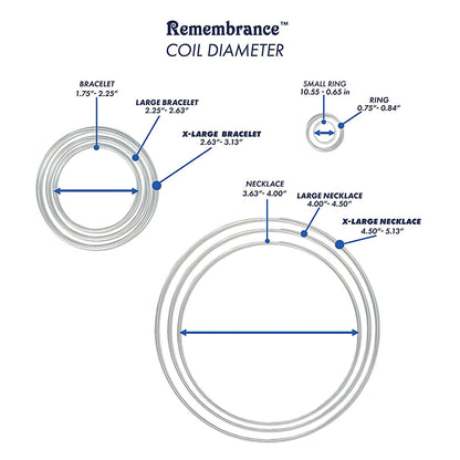 A size chart diagram for Remembrance Coil Diameter, showing measurements for bracelets, necklaces, a ring, and a small wheel on a white background with blue dimension lines and text labels.