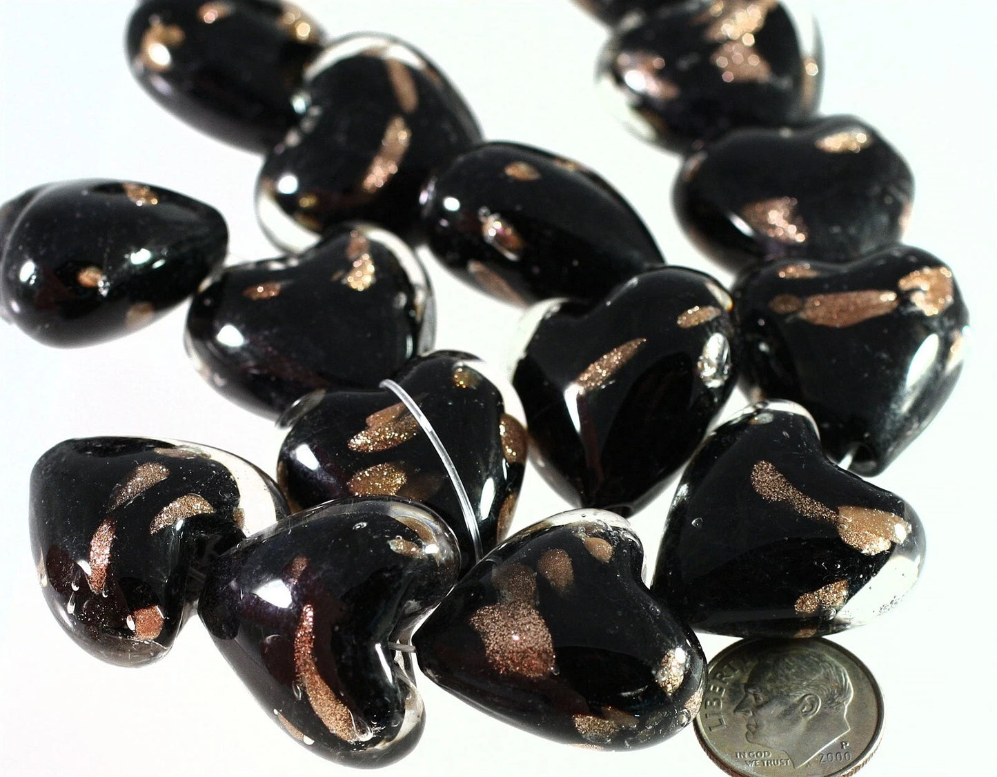 Lampwork Glass Black & Copper Puffed Heart Beads, 25-26mm, 1 Strand (approx. 17-18)