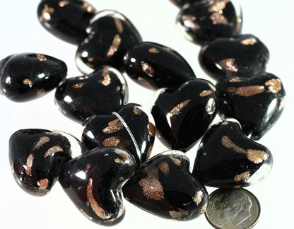 Lampwork Glass Black & Copper Puffed Heart Beads, 25-26mm, 1 Strand (approx. 17-18)