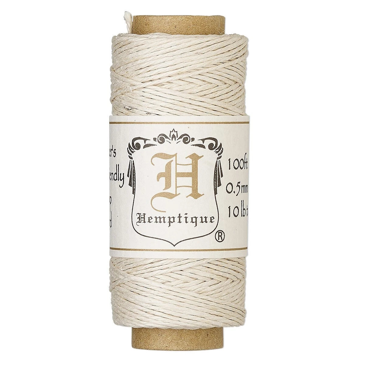 A spool of cream-colored cotton twine with a brown cardboard core and a white paper label featuring the Hemptique brand logo.