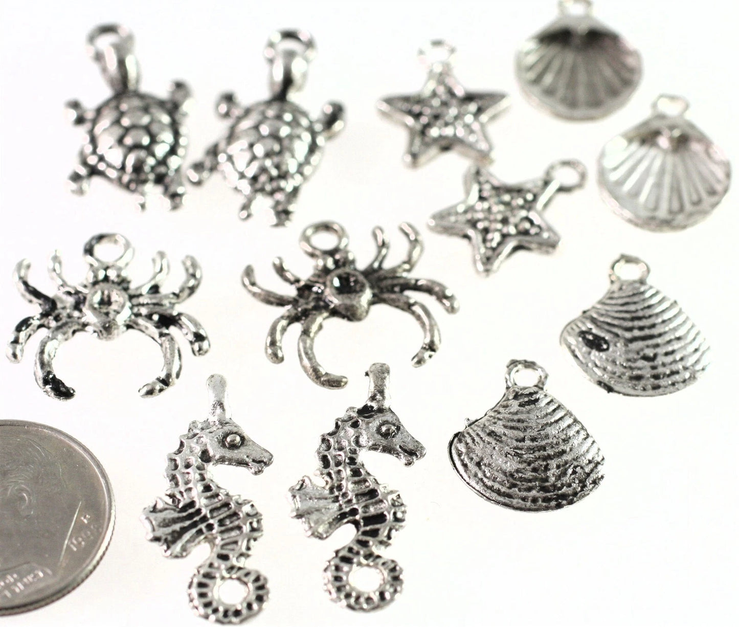 Antiqued Silver-Plated Pewter Seashore Charm Mix, 12-17mm, 12 pcs