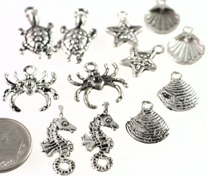 Antiqued Silver-Plated Pewter Seashore Charm Mix, 12-17mm, 12 pcs