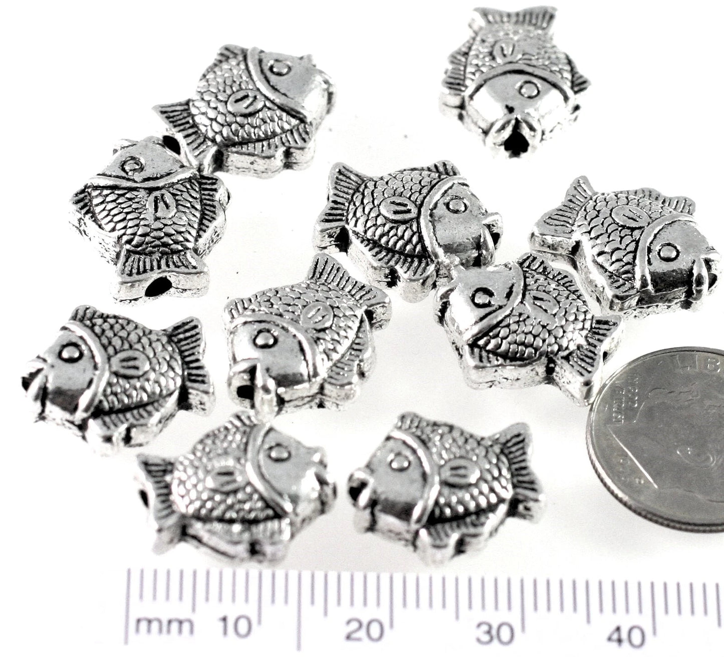 Antiqued Silver Plated Pewter 15x13mm Double Sided Puffed Fish Beads, 10 pcs