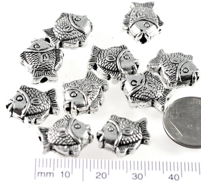 Antiqued Silver Plated Pewter 15x13mm Double Sided Puffed Fish Beads, 10 pcs