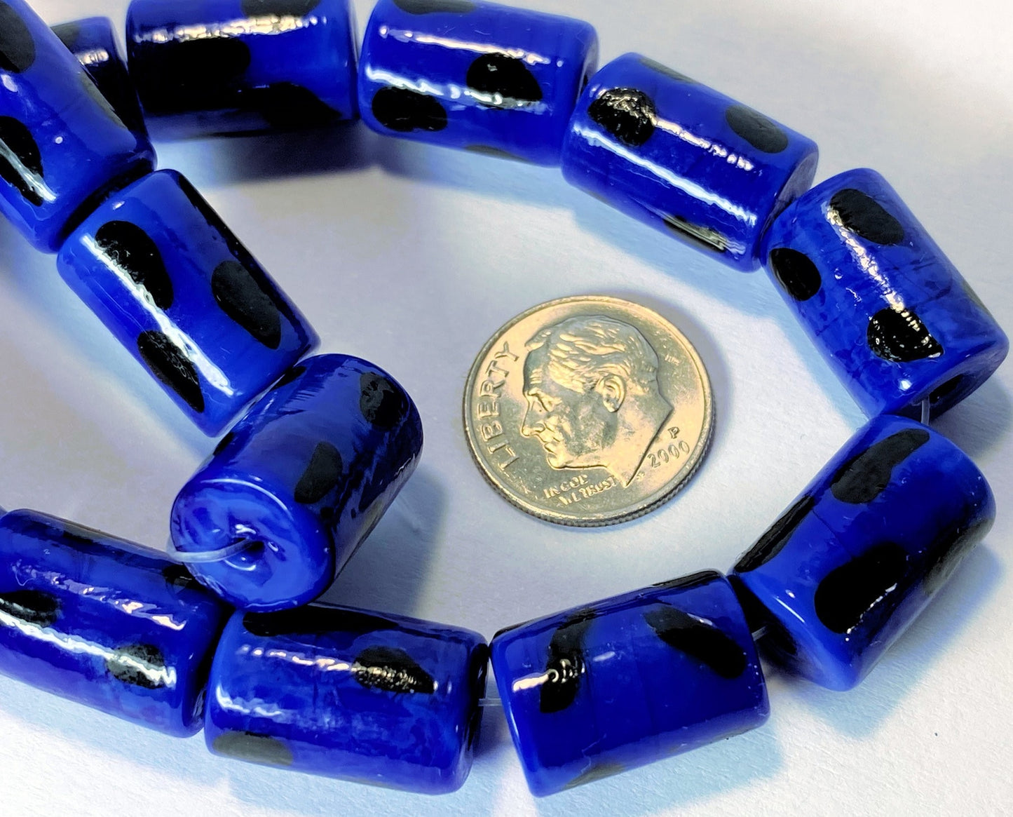Lampwork Glass Opaque Blue with Black Polka Dots Tube Beads 16x10mm (approx. 25 pc)