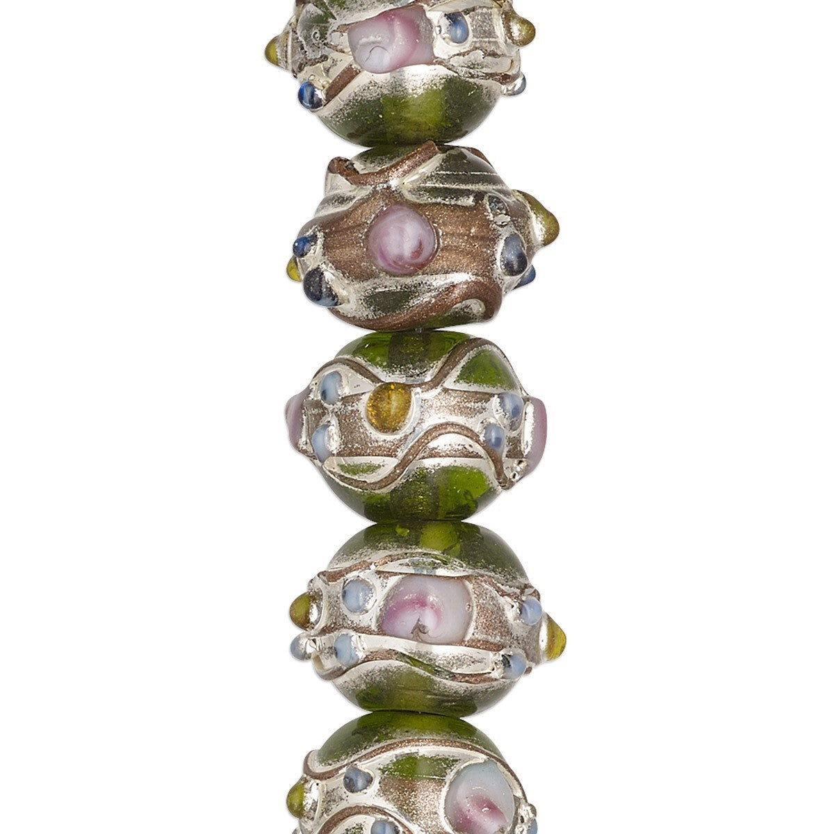 Lampwork Glass 11x13mm Rondelle Beads, Green with Silver & Gold Foil, 30 pcs