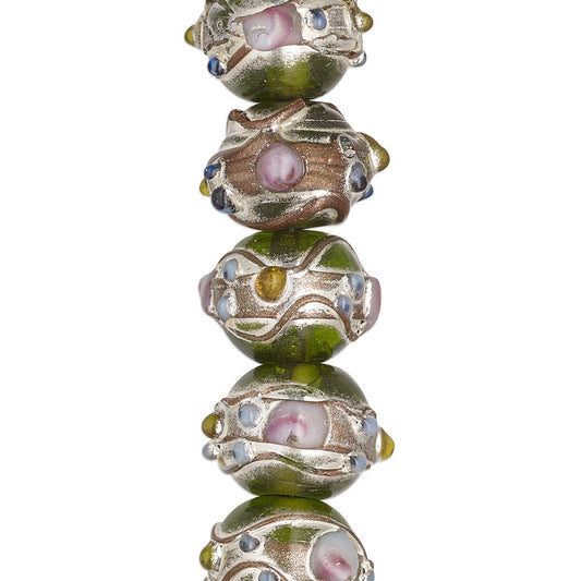 Lampwork Glass 11x13mm Rondelle Beads, Green with Silver & Gold Foil, 30 pcs