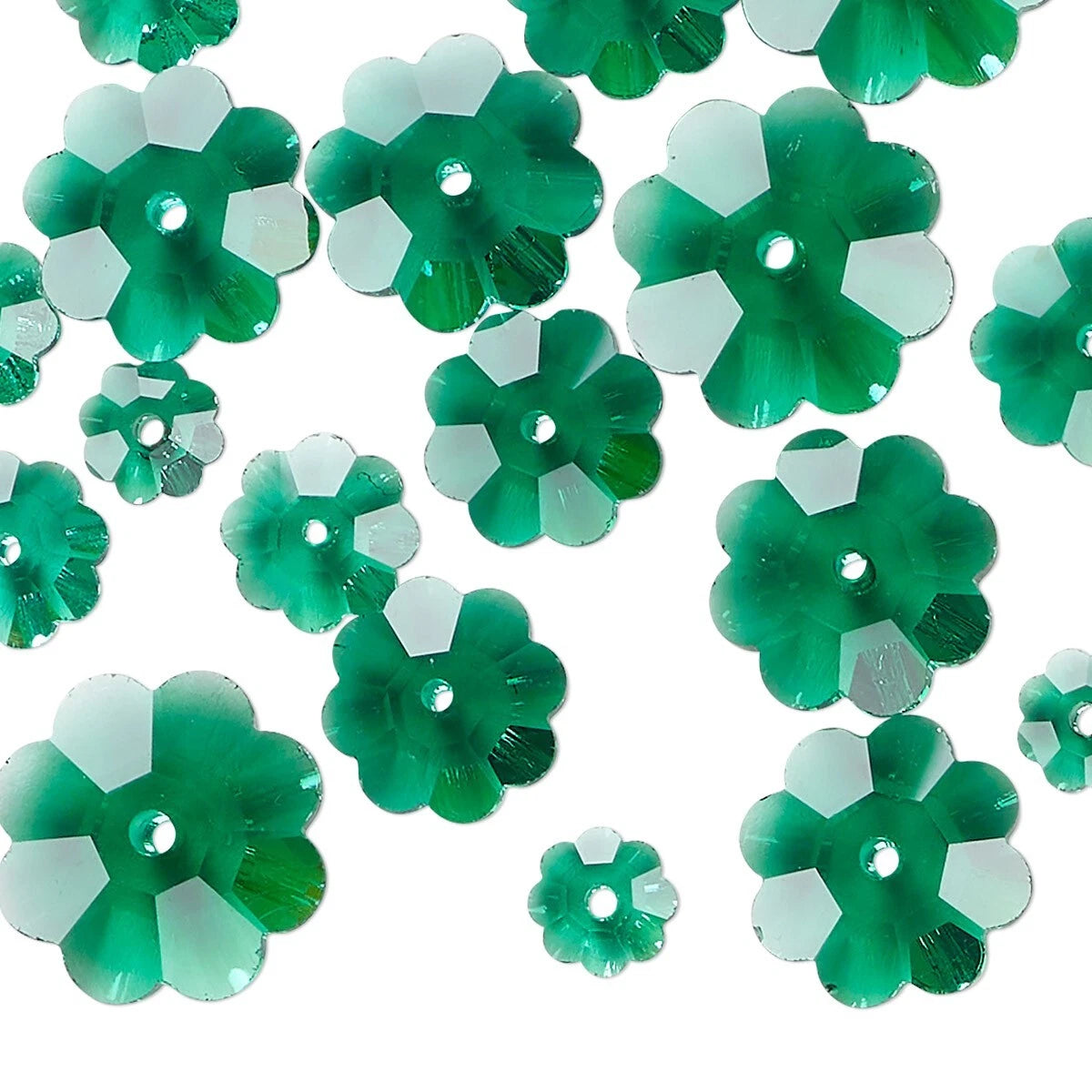 Bead Mix, 20 Emerald Green Margarita Flower Glass Crystal of 5 Graduated Sizes