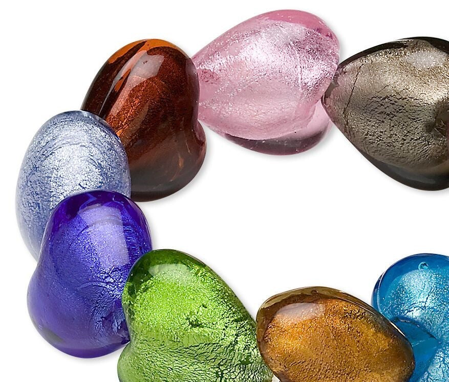 Lampwork Glass 20x19x12mm Puffed Heart Beads, Multi-Color with Silver Foil, 10 pcs