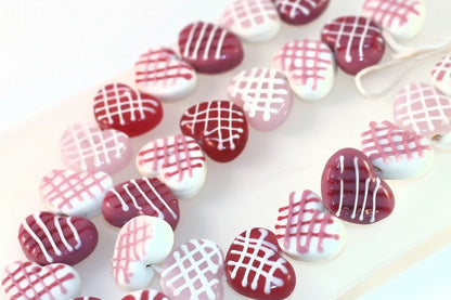 Lampwork Glass Heart Beads, Pink & White Criss Cross, 16x20mm, 1 strand