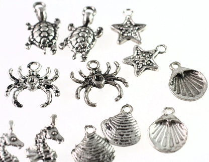 Antiqued Silver-Plated Pewter Seashore Charm Mix, 12-17mm, 12 pcs