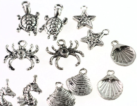 Antiqued Silver-Plated Pewter Seashore Charm Mix, 12-17mm, 12 pcs