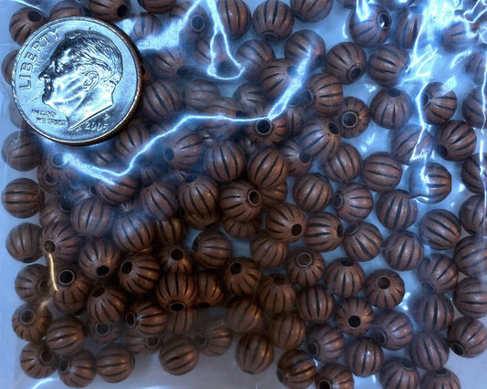 Antiqued Copper Plated Brass Corrugated Round Beads, 6mm, 144 pcs