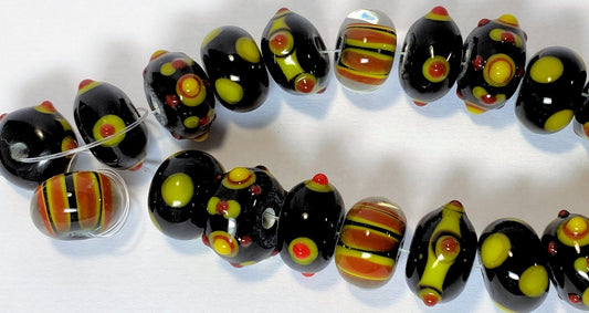 Lampwork Glass 14x10mm Rondelle Beads, Multi-Color (Black, Orange & Yellow), 20 pcs