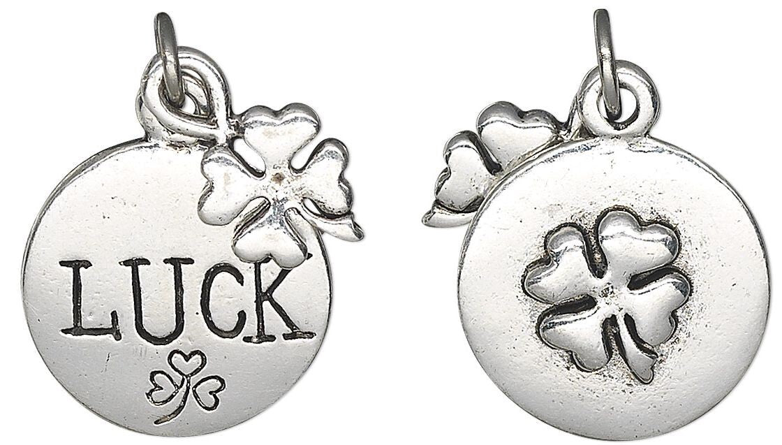 Antiqued Silver Plated Pewter Double-Sided 4-Leaf Clover & LUCK Charm Set