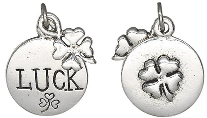 Antiqued Silver Plated Pewter Double-Sided 4-Leaf Clover & LUCK Charm Set