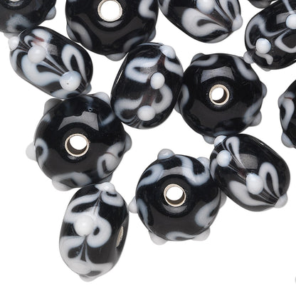 Lampwork Glass Black & White Bumpy 13x9mm Rondelle Beads, 24 pcs