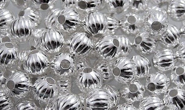 Silver Plated Brass Corrugated Round Beads, 6mm, 100 pcs
