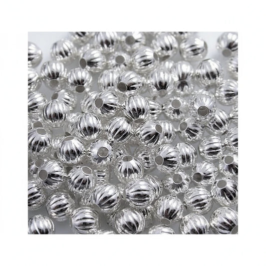 Silver Plated Brass Corrugated Round Beads, 6mm, 100 pcs