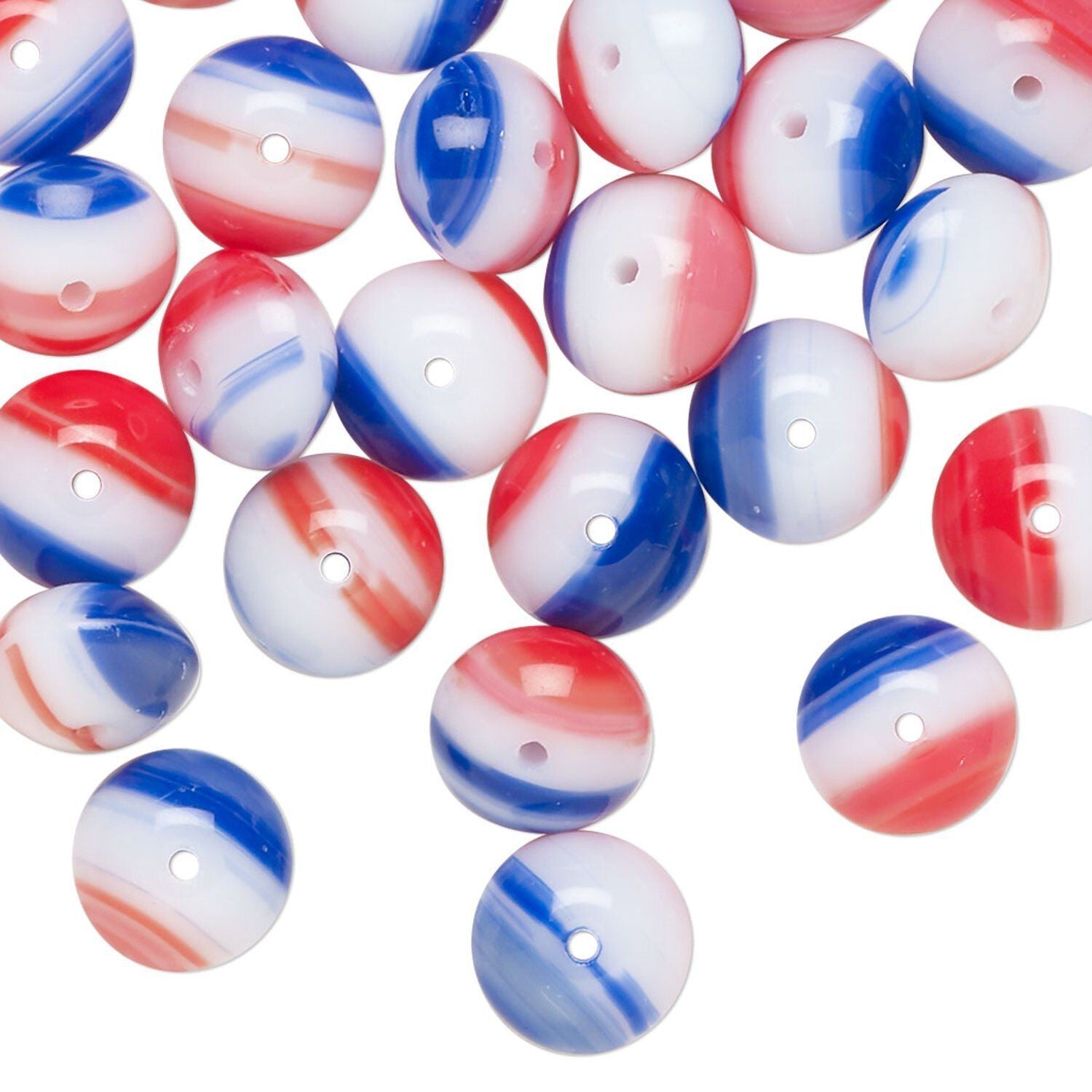 Beads in red, white, and blue on a white background