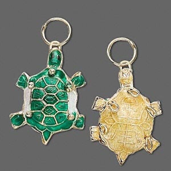 Cloisonné Green Turtle Charm with Jump Ring, 18x24mm, 2 pcs