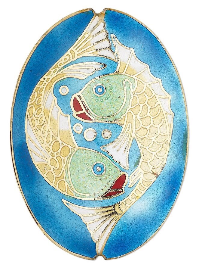 Blue Green Gold Fish Cloisonné Oval Bead Set, 3 pcs