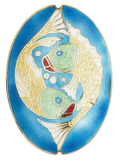 Blue Green Gold Fish Cloisonné Oval Bead Set, 3 pcs