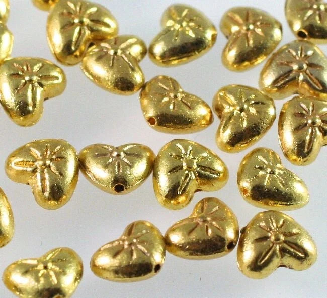 Gold Plated Pewter Double-Sided Heart with Flower Beads, 8x6mm, 50 pcs