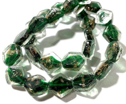 Lampwork Glass Double Cone Beads, Dark Green/Copper Foil, 1 Strand