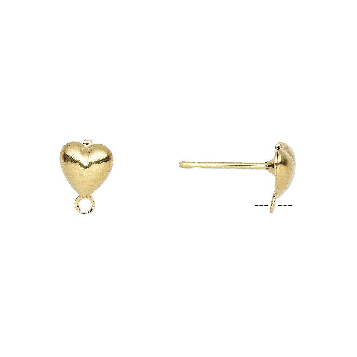 A pair of small gold heart stud earrings shown on a plain white background, with one earring facing forward to show the polished heart and loop, and the other shown in side profile.