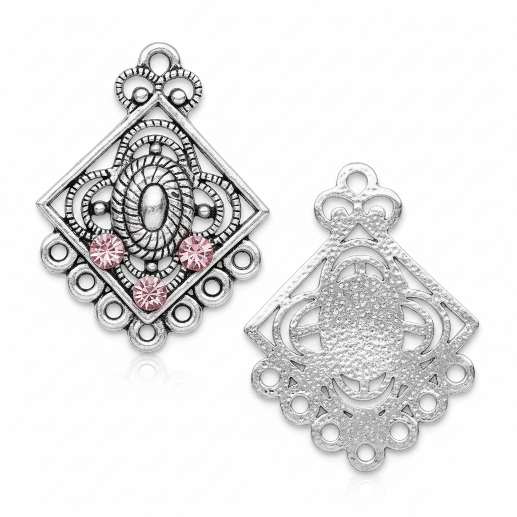 Antiqued Silver Pewter Square Chandelier Earring Findings, Pink Crystal, 29x24mm, 4 pcs