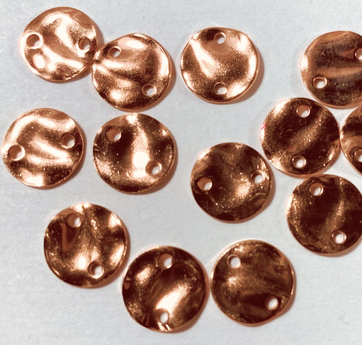 Copper Plated Hammered Round Disc 2-Hole Connectors, 10mm, 12 pcs