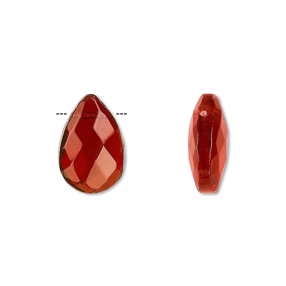 Two red teardrop-shaped beads on a white background