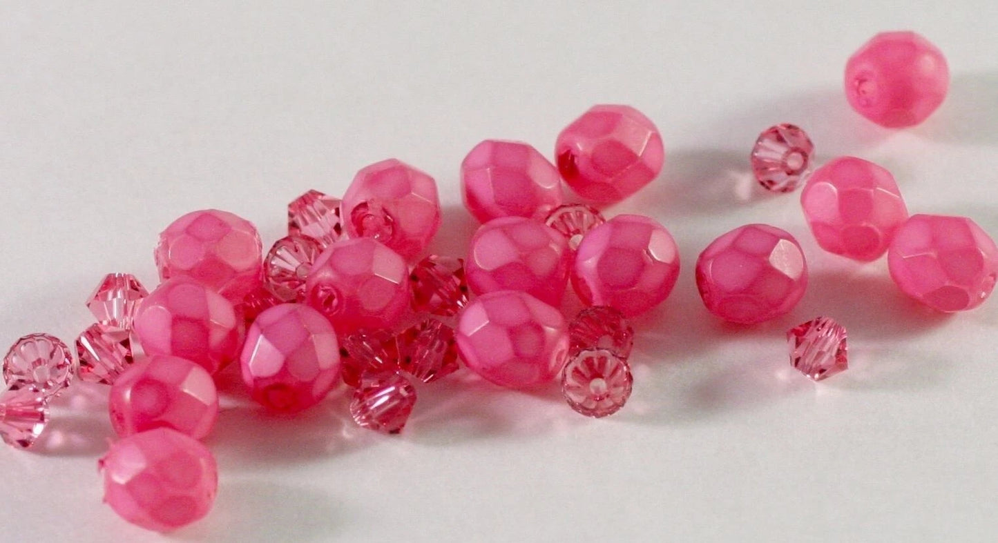 Czech Fire-Polished & Swarovski Crystal Bead Mix, Fuchsia/Light Rose, 32 pcs