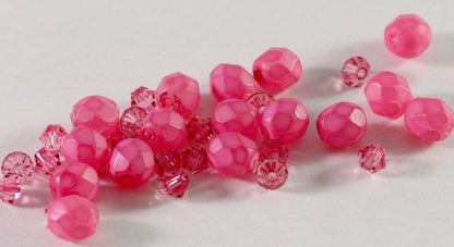 Czech Fire-Polished & Swarovski Crystal Bead Mix, Fuchsia/Light Rose, 32 pcs