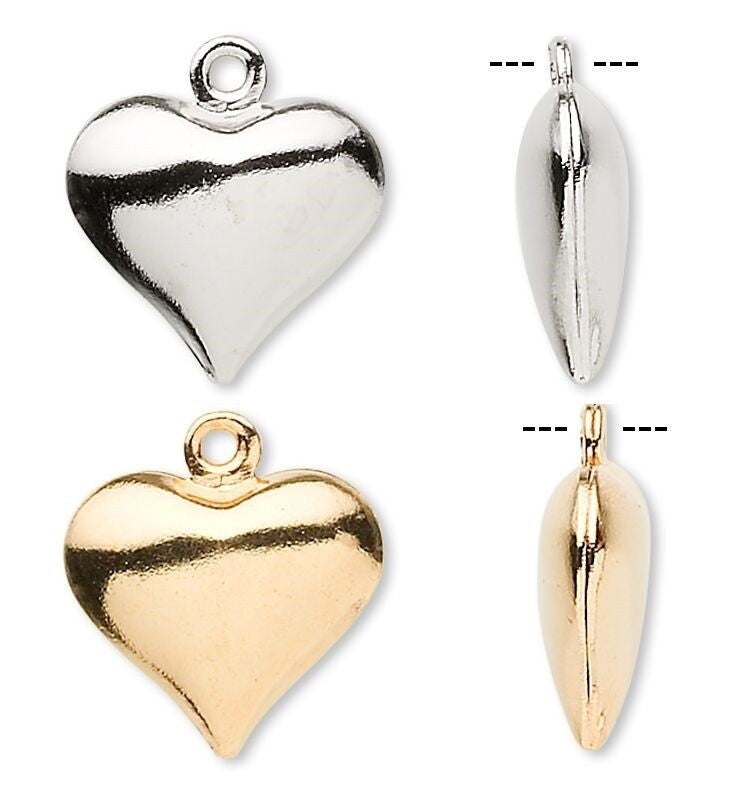 Puffy Heart Charms, Brass — Gold or Silver Plated