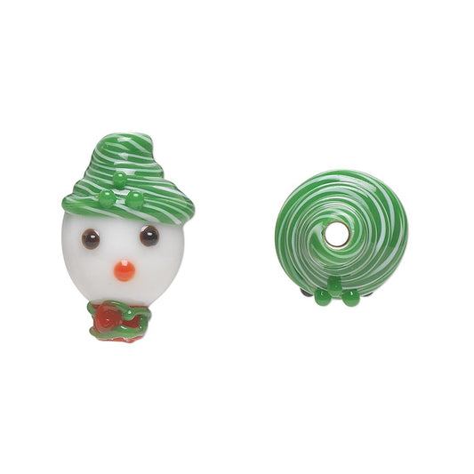 Lampwork Glass Snowman with Green Hat 18x12mm Beads, 2 pcs