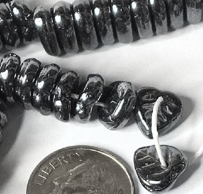 Czech Pressed Glass Hematite Grey Metallic Top-Drilled Leaf Beads 9x8.5mm (50 pc)