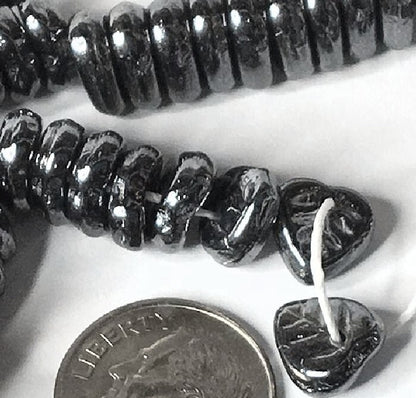 Czech Pressed Glass Hematite Grey Metallic Top-Drilled Leaf Beads 9x8.5mm (50 pc)