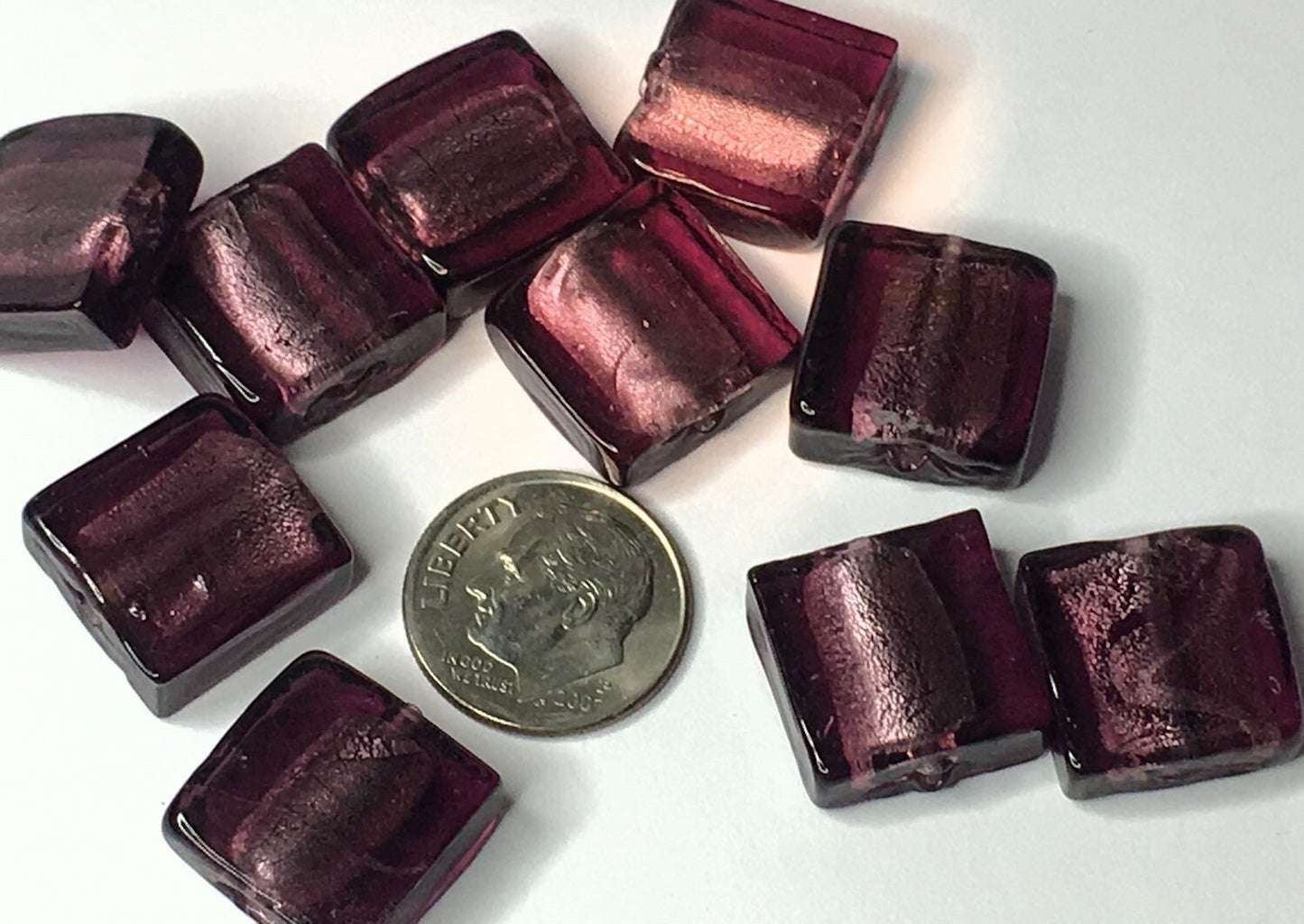 Lampwork Glass Amethyst Purple Silver Foil 15x15mm Square Beads, 24 pcs