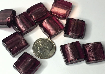 Lampwork Glass Amethyst Purple Silver Foil 15x15mm Square Beads, 24 pcs