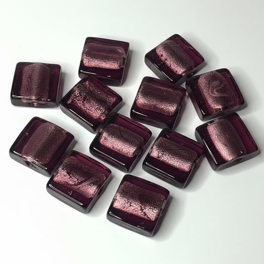 Lampwork Glass Amethyst Purple Silver Foil 15x15mm Square Beads, 24 pcs