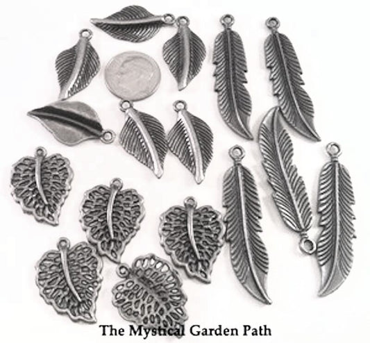 Antiqued Silver Pewter Assorted Leaf & Feather Charms, 15 pcs