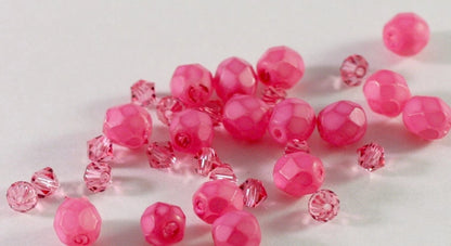 Czech Fire-Polished & Swarovski Crystal Bead Mix, Fuchsia/Light Rose, 32 pcs