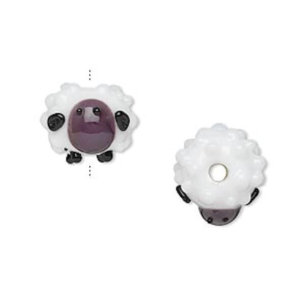 Lampwork Glass White & Purple 3D Sheep 15x12mm Focal Bead, 1 pc