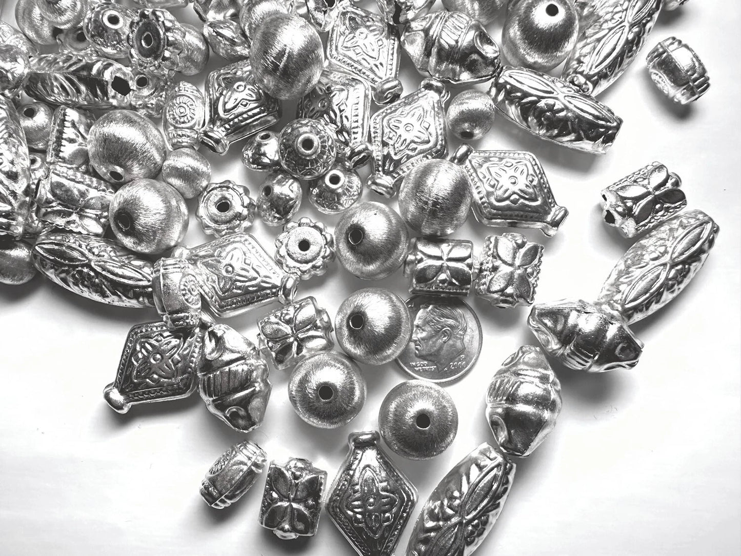 Silver Plated Brass Hollow Bead Mix, Assorted Shapes, 250g