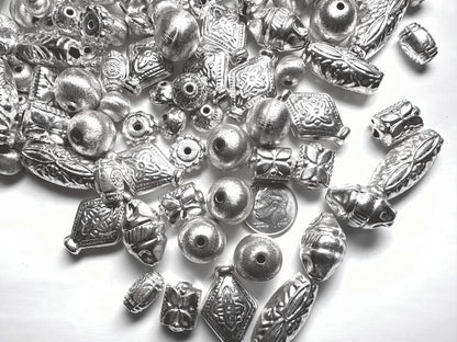 Silver Plated Brass Hollow Bead Mix, Assorted Shapes, 250g