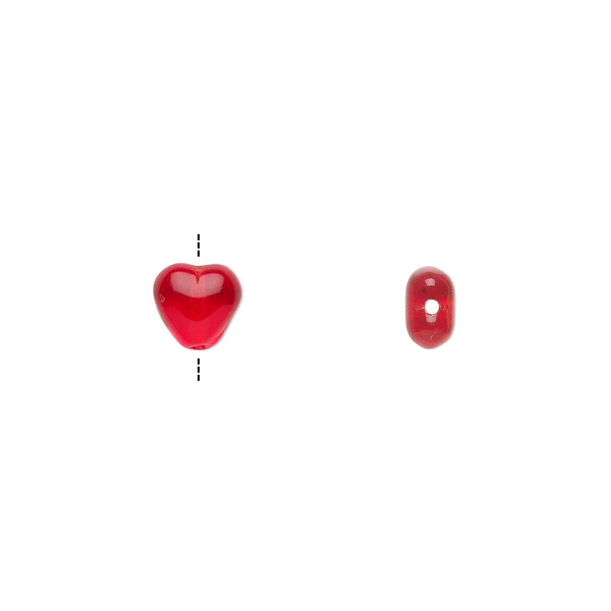 Two small glossy red beads on a plain white background, one heart-shaped bead with a dashed measurement guide and one oval bead.