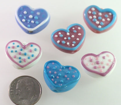 Lampwork Glass White Pastel Polka Dot 16x20mm Heart Beads, 6 pcs