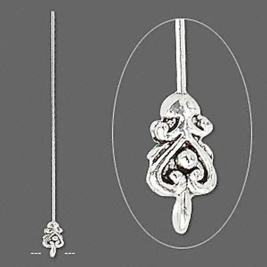 Antiqued Silver Pewter Heart Head Pins with Loop, 3-3.5 inch, 18 Gauge, 4 pcs